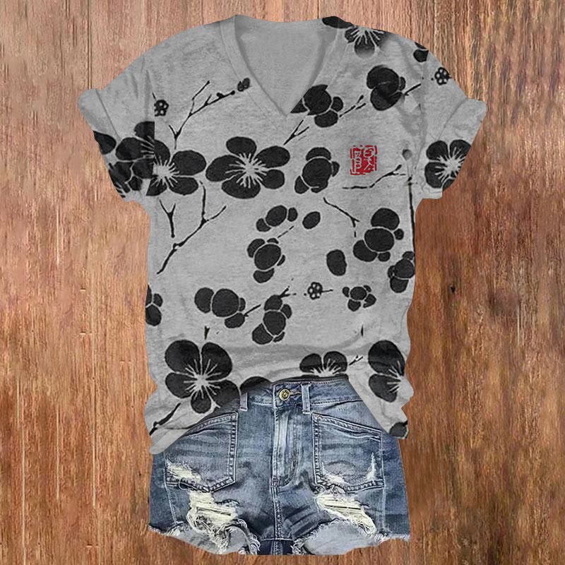 Dashingsoul Cherry Blossom Japanese Lino Art Vintage Print Casual V-neck T-shirt