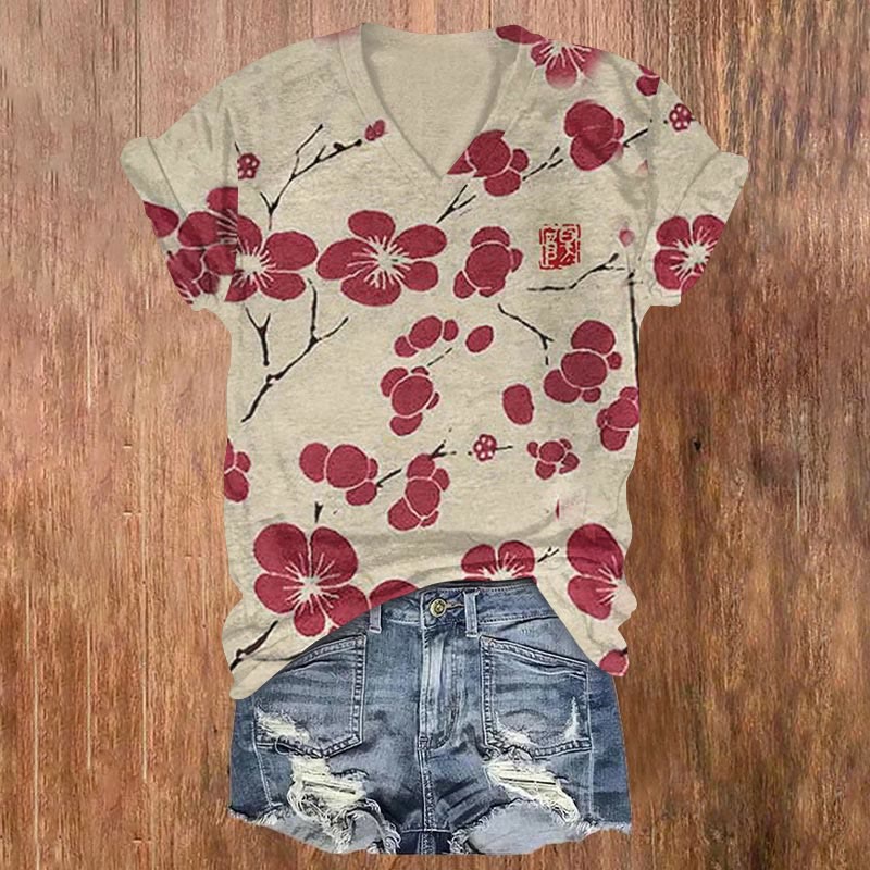 Dashingsoul Cherry Blossom Japanese Lino Art Vintage Print Casual V-neck T-shirt