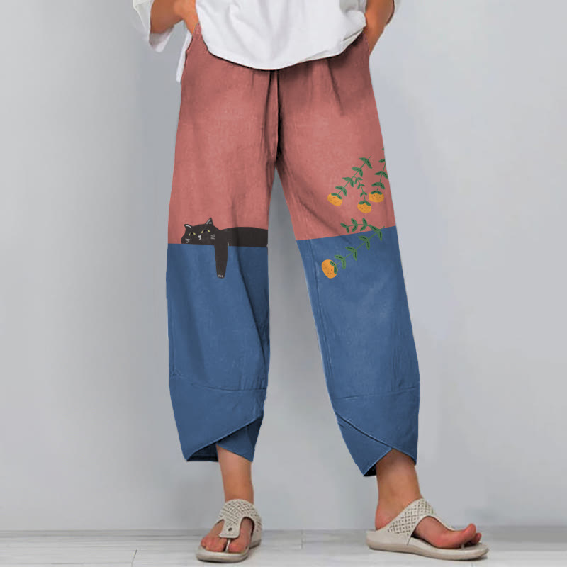 Dashingsoul Abstract Creative Lazy Black Cat Painting Art Casual Pants