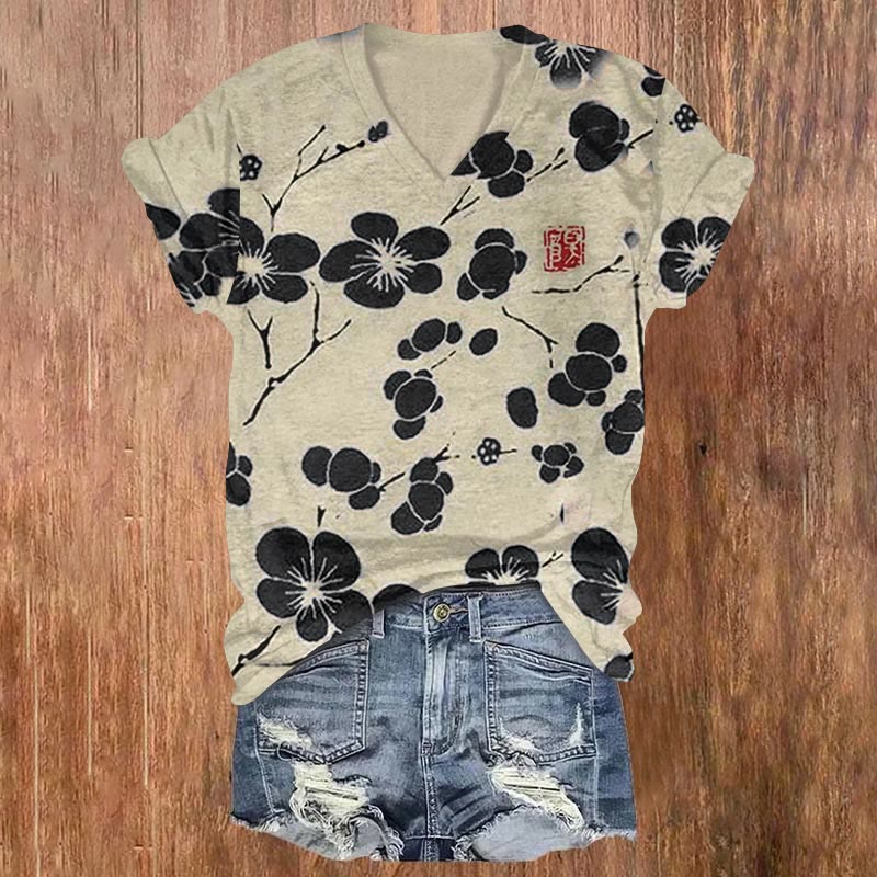 Dashingsoul Cherry Blossom Japanese Lino Art Vintage Print Casual V-neck T-shirt