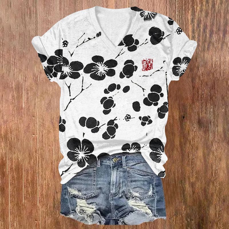 Dashingsoul Cherry Blossom Japanese Lino Art Vintage Print Casual V-neck T-shirt