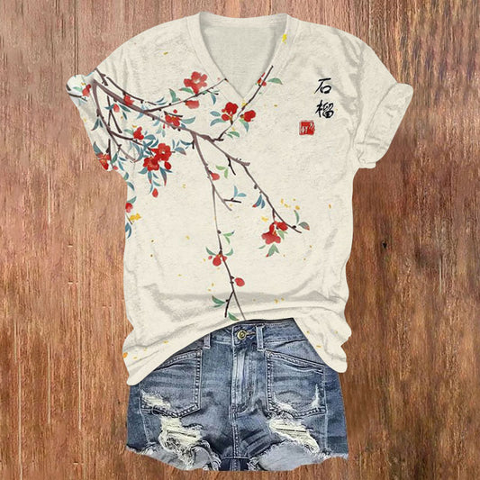Dashingsoul Japanese Art Floral Vintage  V-Neck T-Shirt