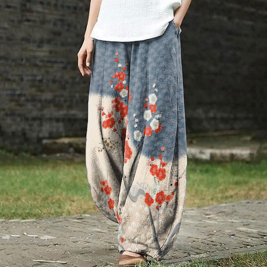 Dashingsoul Japanese Art Cherry Blossom Print Casual Pants