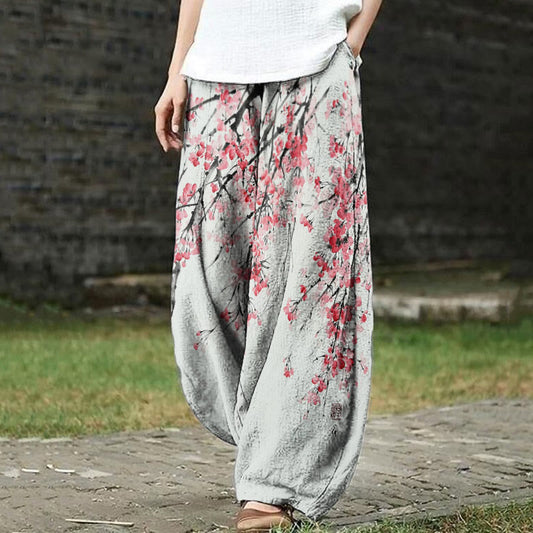 Dashingsoul Pink Cherry Blossom Ink Painting Japanese Art Print Casual Pants