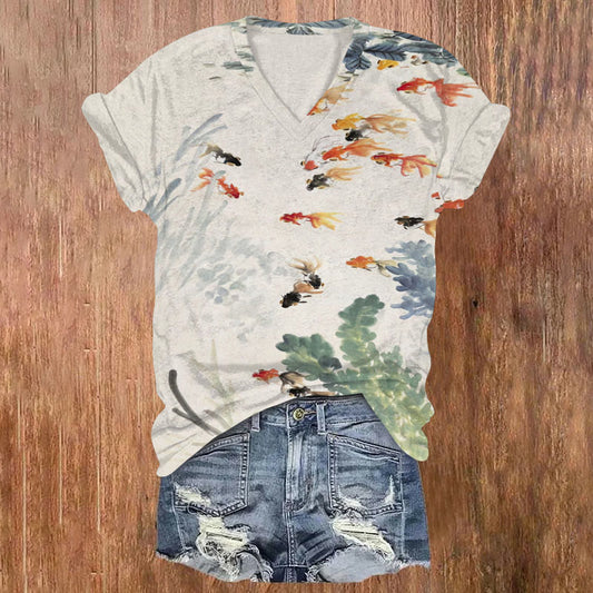 Dashingsoul Women's Watercolor Goldfish Art Print V-neck T-shirt