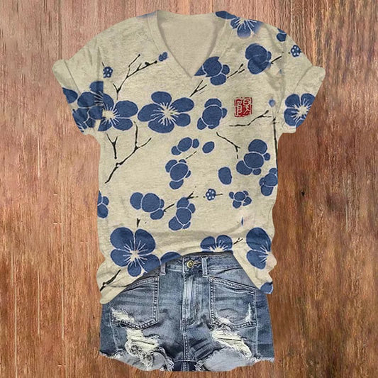 Dashingsoul Cherry Blossom Japanese Lino Art Vintage Print Casual V-neck T-shirt