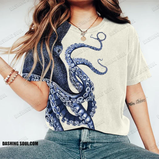 Japanese Art Octopus Graphic Print Round Neck T-shirt