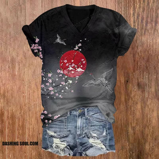Vintage Japanese Cherry Blossom Crane Print T-shirt